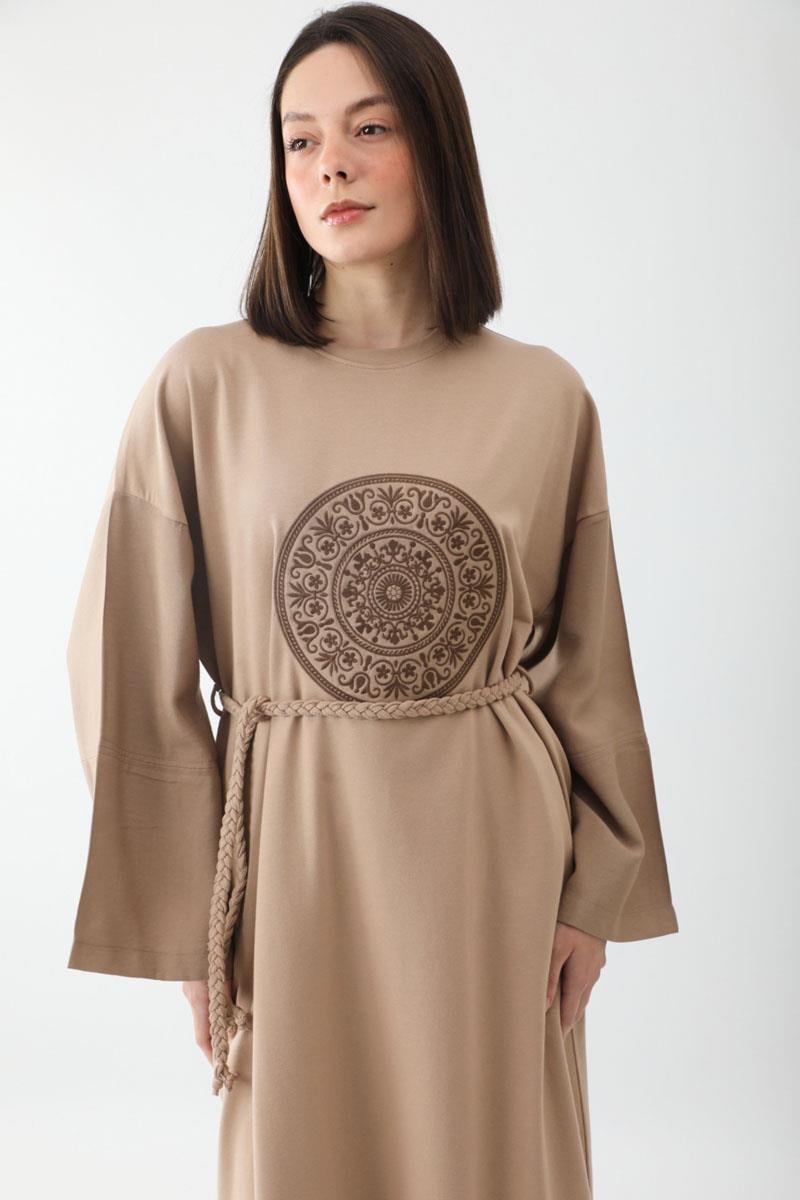 Nakışlı Sweat Elbise Camel