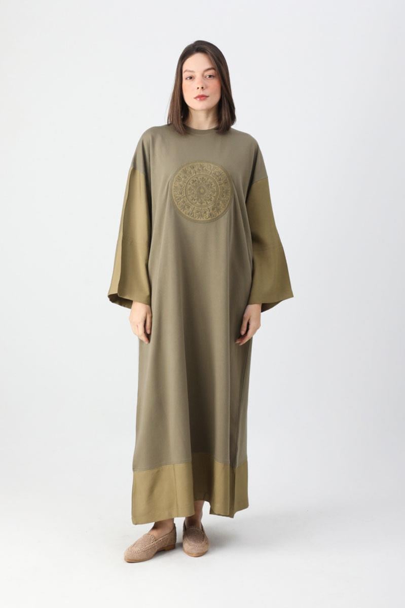 Nakışlı Sweat Elbise Haki