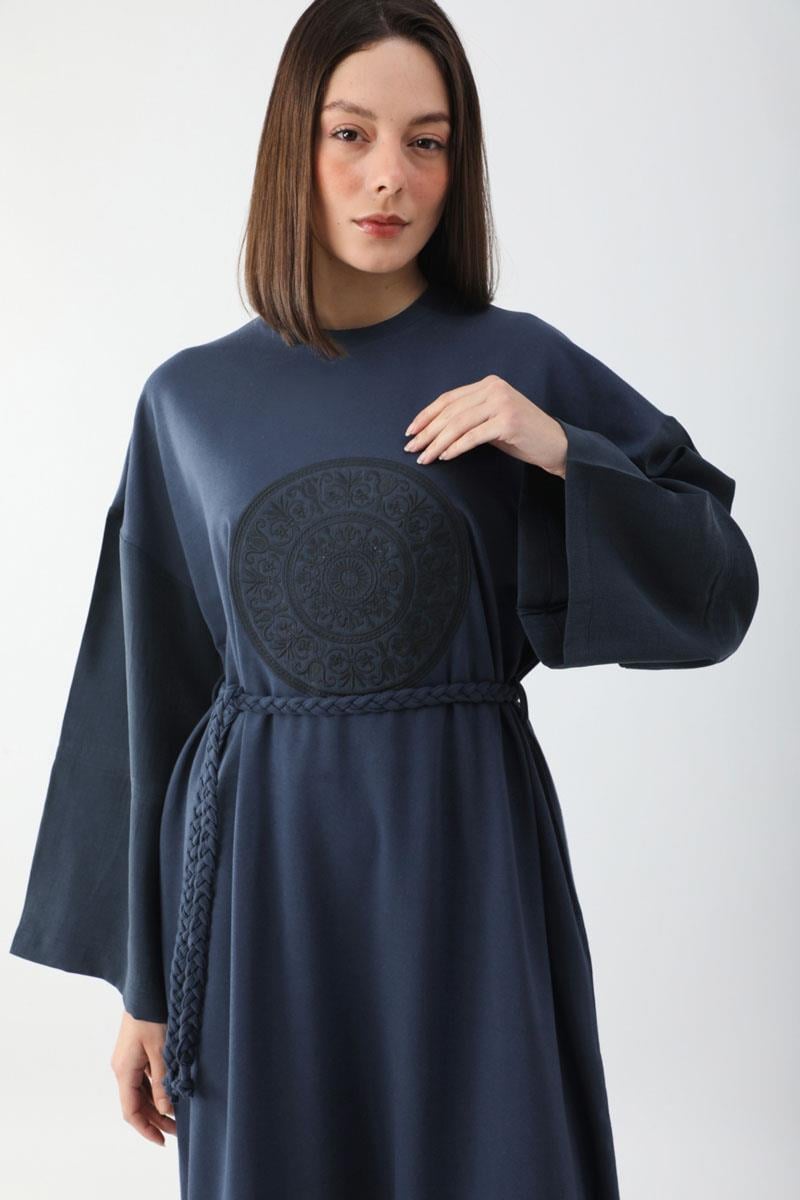 Nakışlı Sweat Elbise Lacivert