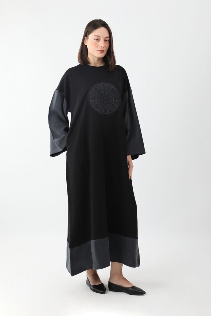 Nakışlı Sweat Elbise Siyah