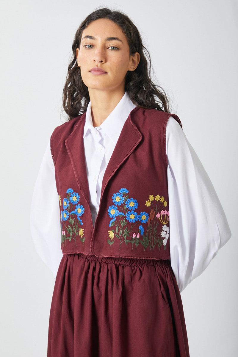 Nakışlı Yelek Etek Takım Bordo