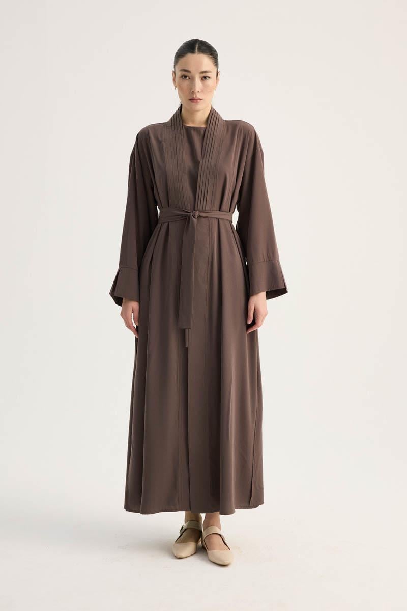 Nervür Detaylı Abaya Takım Kahverengi