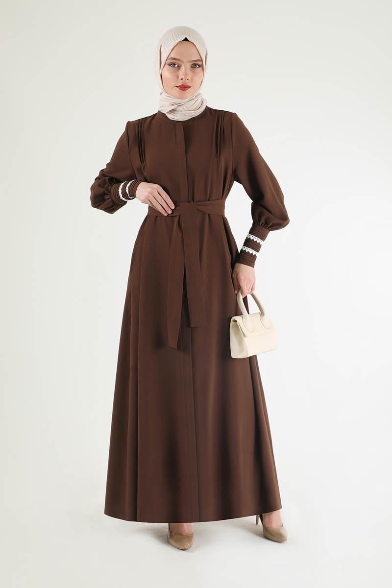 Nervür Detaylı Kuşaklı Ferace Kahve