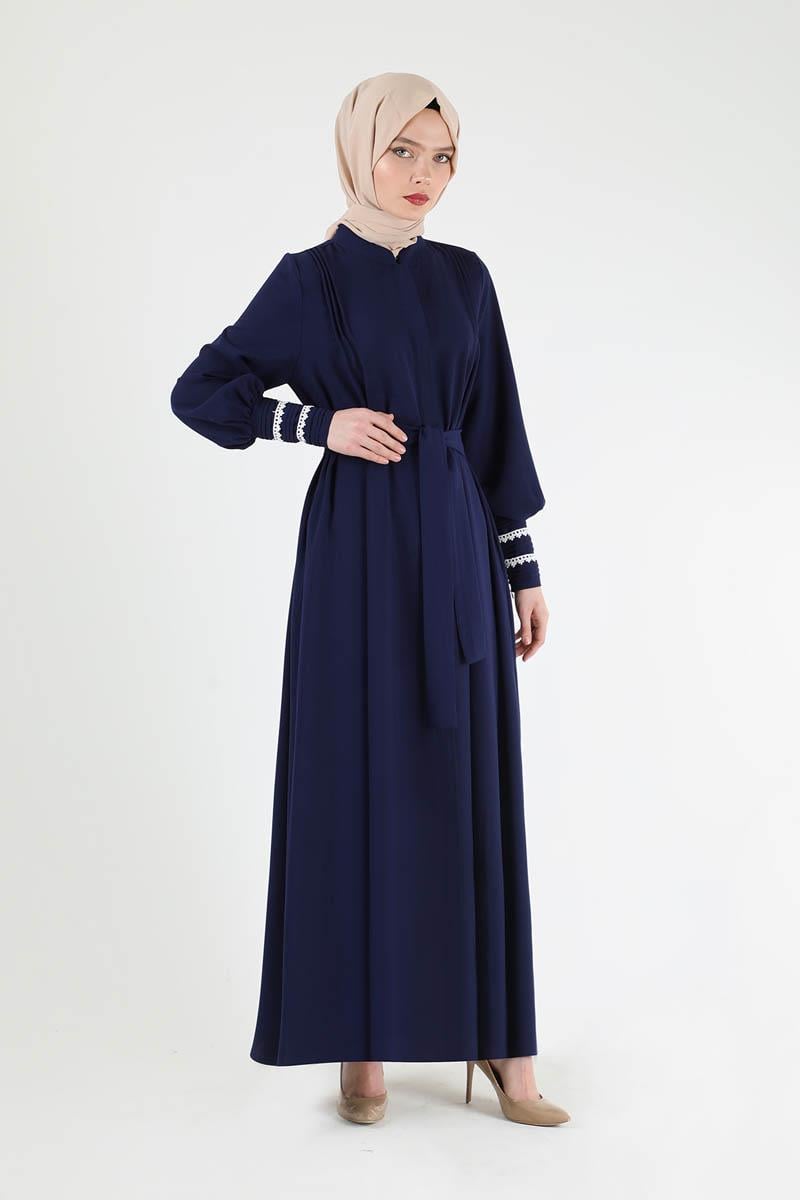 Nervür Detaylı Kuşaklı Ferace Lacivert