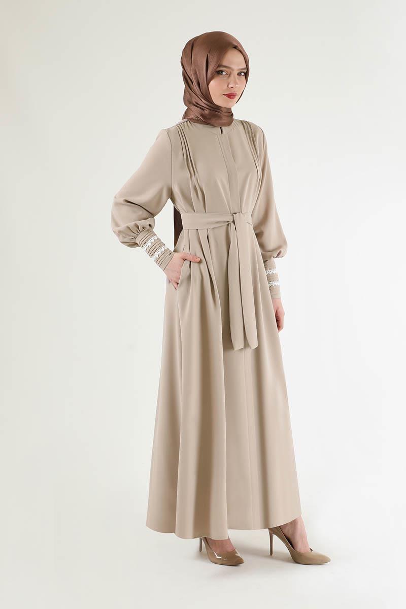 Nervür Detaylı Kuşaklı Ferace Taş