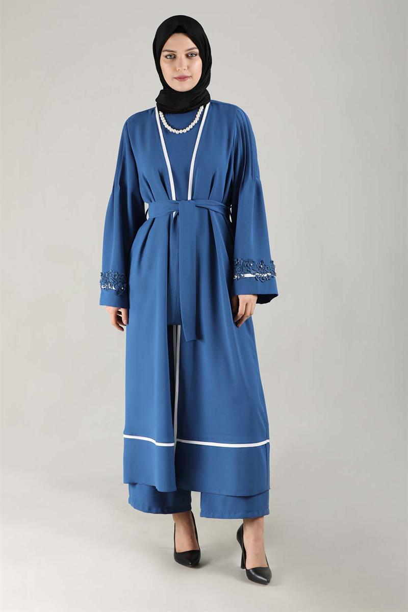 Nervürlü Abaya Takım İndigo
