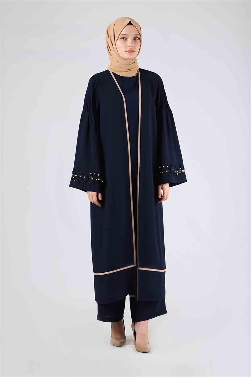 Nervürlü Abaya Takım Lacivert