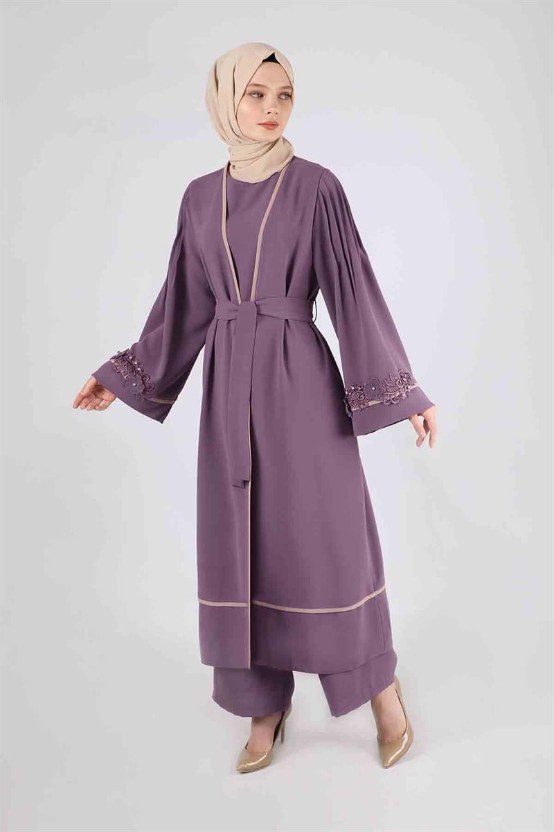 Nervürlü Abaya Takım Krem