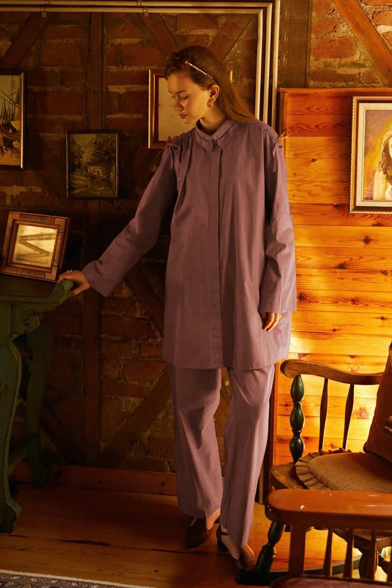 Omuzu Büzgü Detaylı Pantolon Takım Gül Kurusu