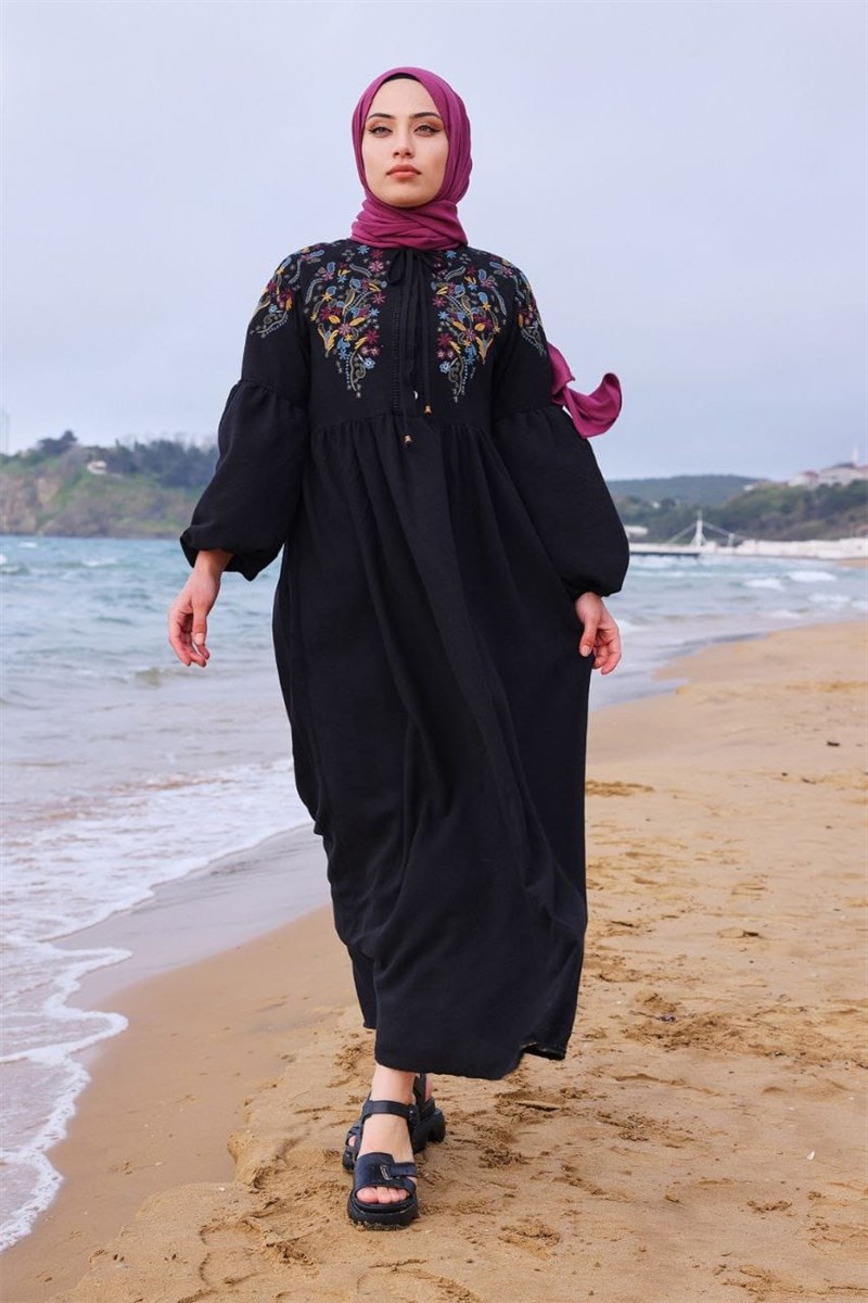 Omuzu Nakışlı Keten Elbise siyah 