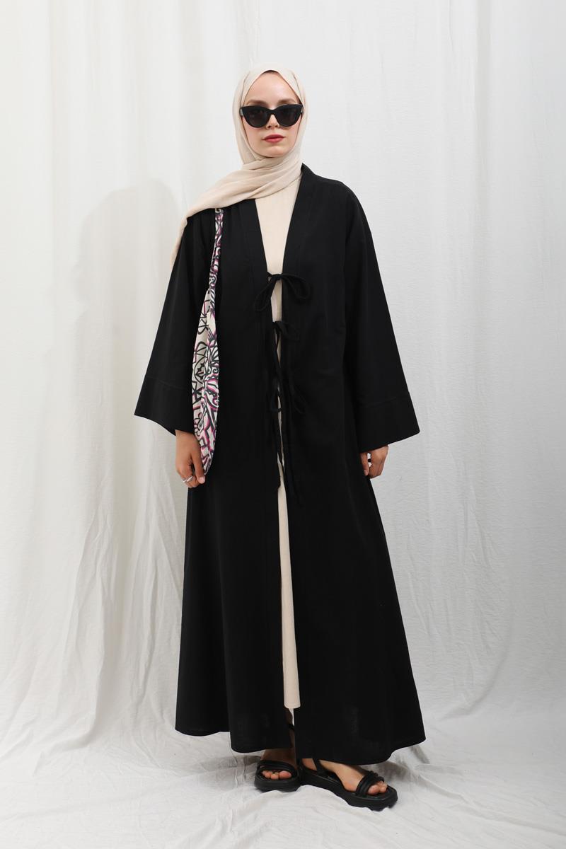 Önden Bağlamalı Abaya Siyah
