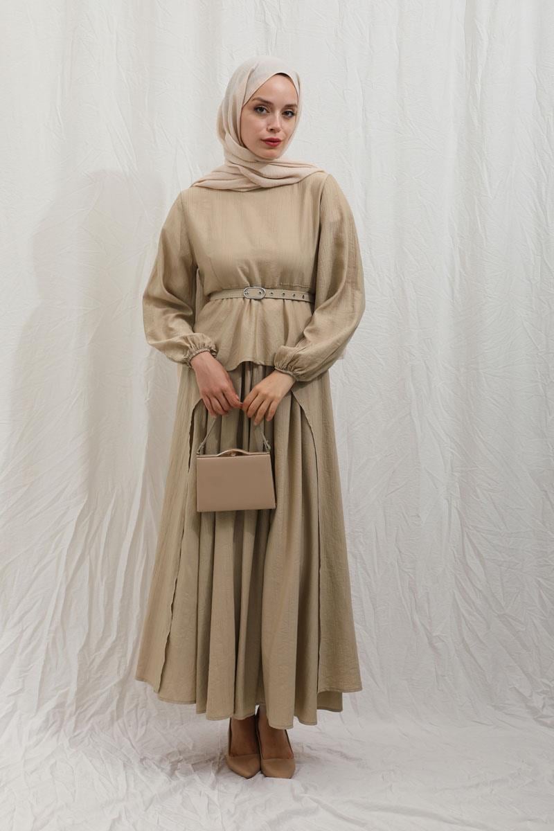 Oval Tunikli Etek Takım Vizon