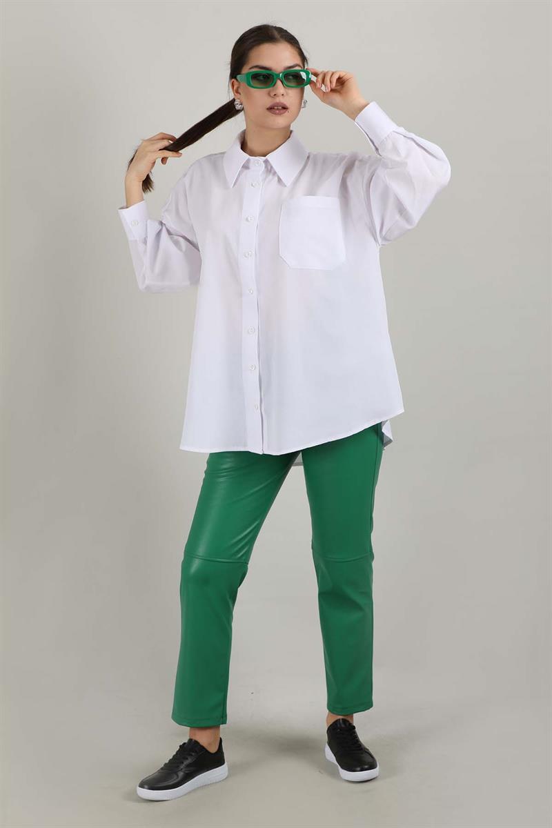 Oversize Cepli Gömlek Beyaz