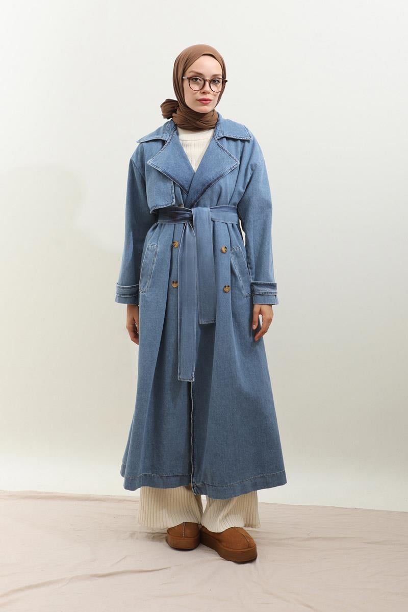 Oversize Denim Trençkot Açık Mavi