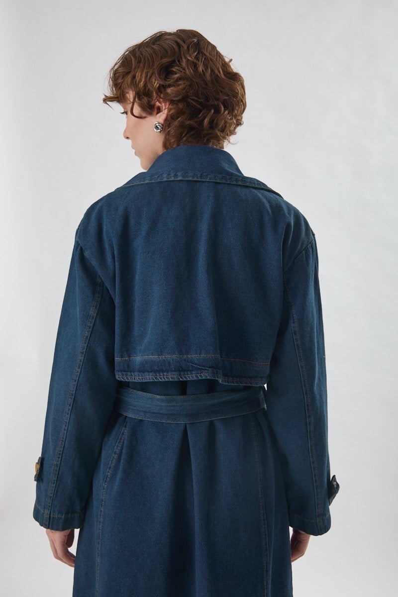 Oversize Denim Trençkot Koyu Mavi