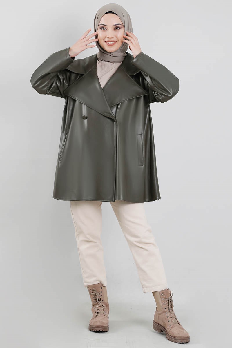 Oversize Deri Ceket Haki