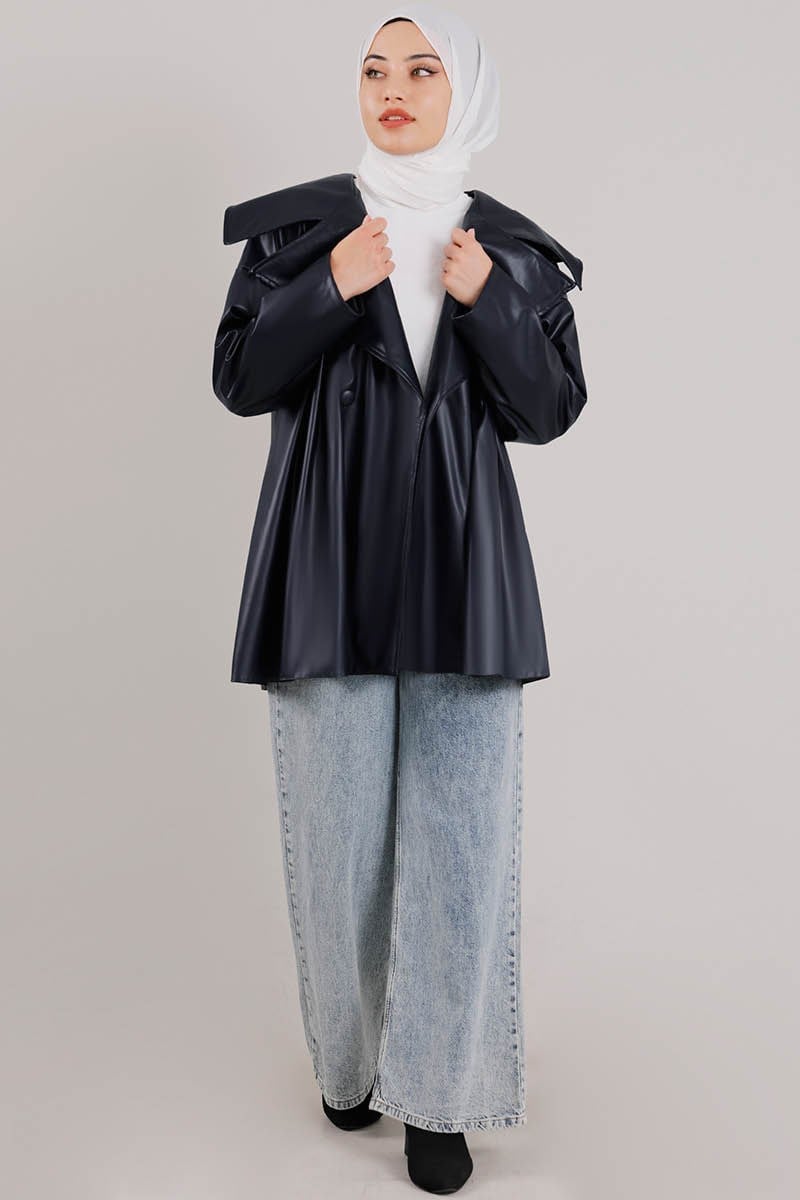 Oversize Deri Ceket Lacivert