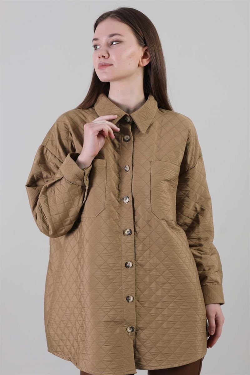 Oversize Kapitone Gömlek Camel