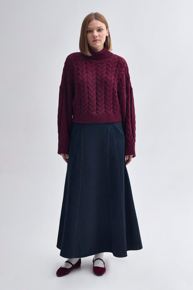 Parça Detaylı Denim Etek Koyu Mavi