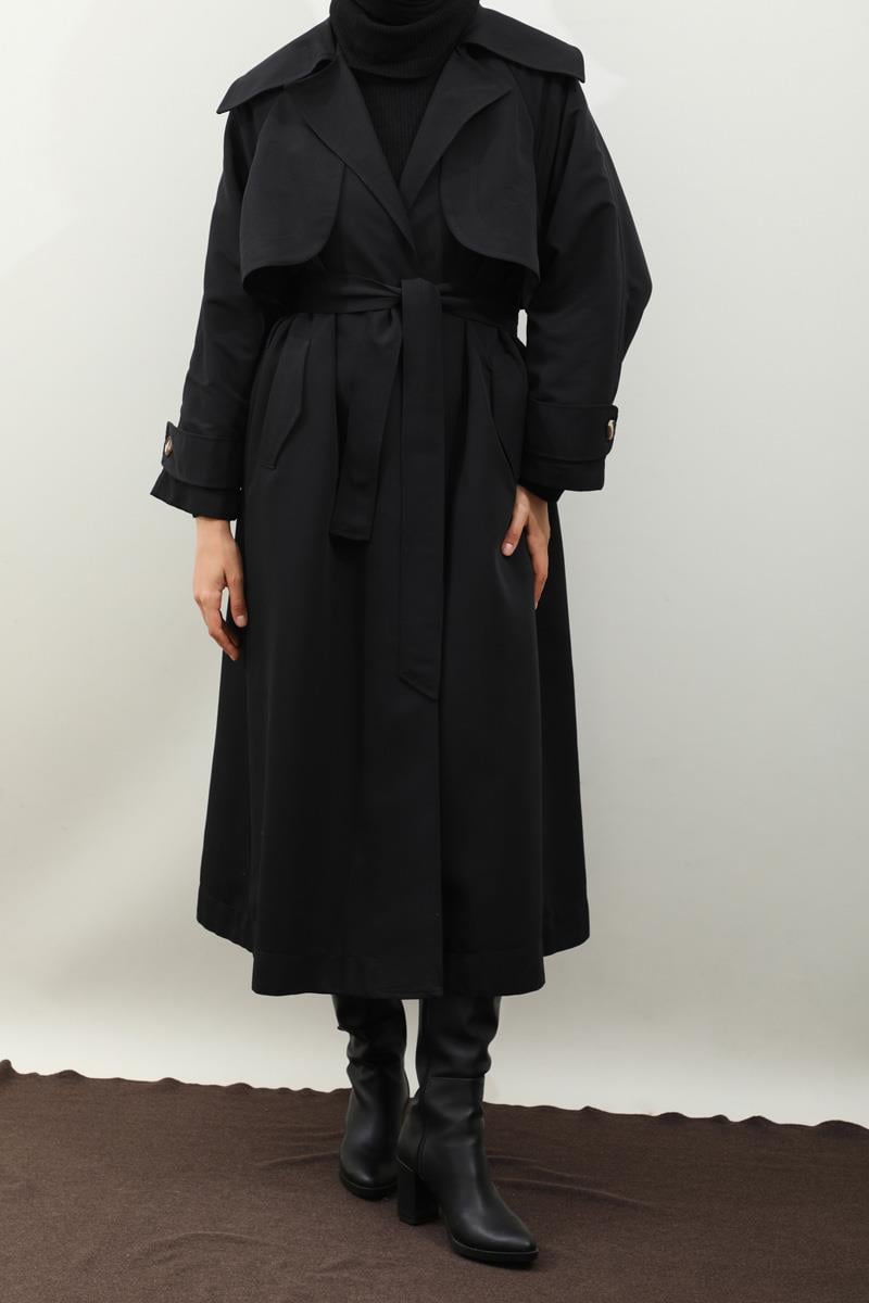 Pile Detay Trençkot Siyah