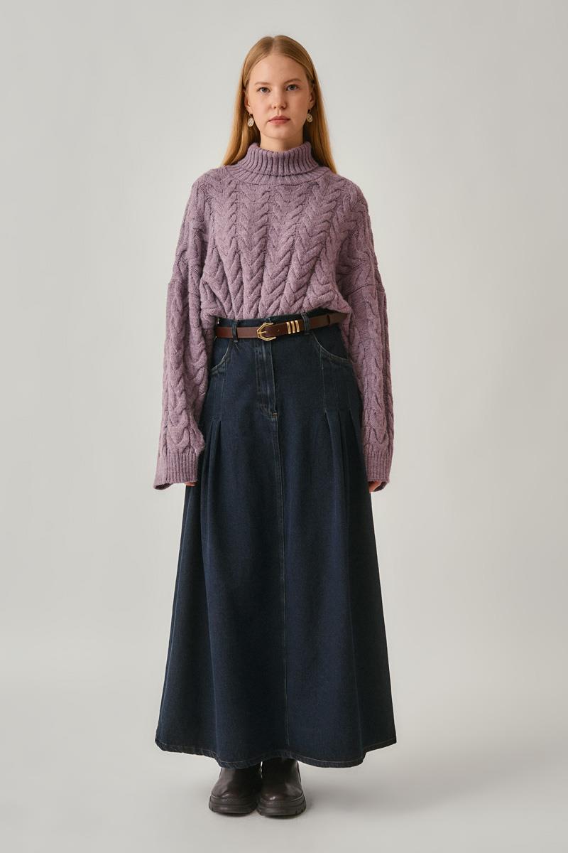 Pile Detaylı Denim Etek Koyu Mavi