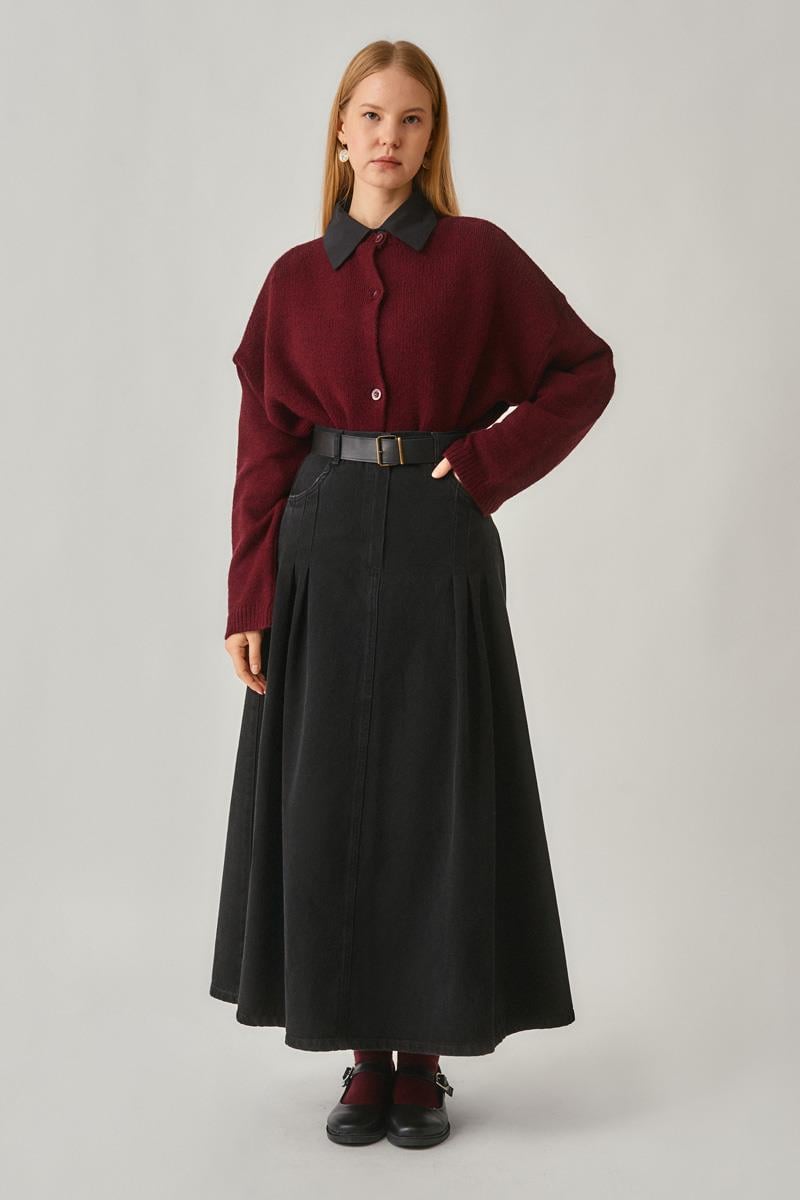 Pile Detaylı Denim Etek Siyah