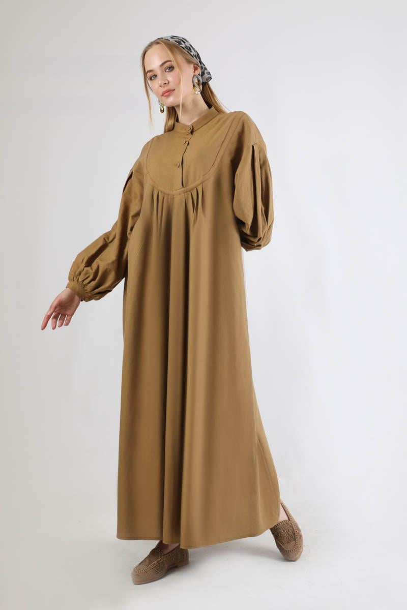 Pile Detaylı Elbise Camel