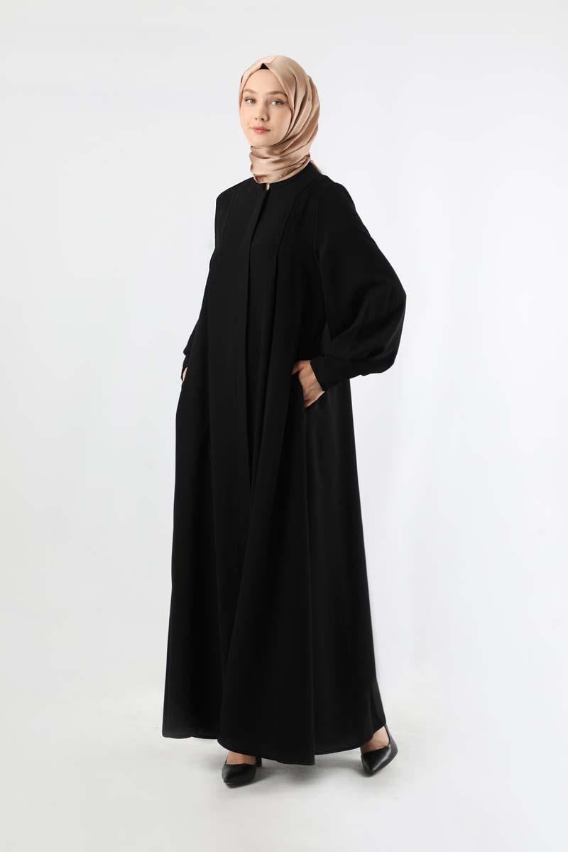 Pile Detaylı Ferace Siyah