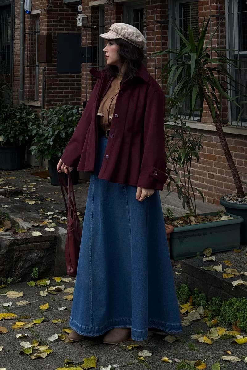 Pileli Kısa Kaban Bordo