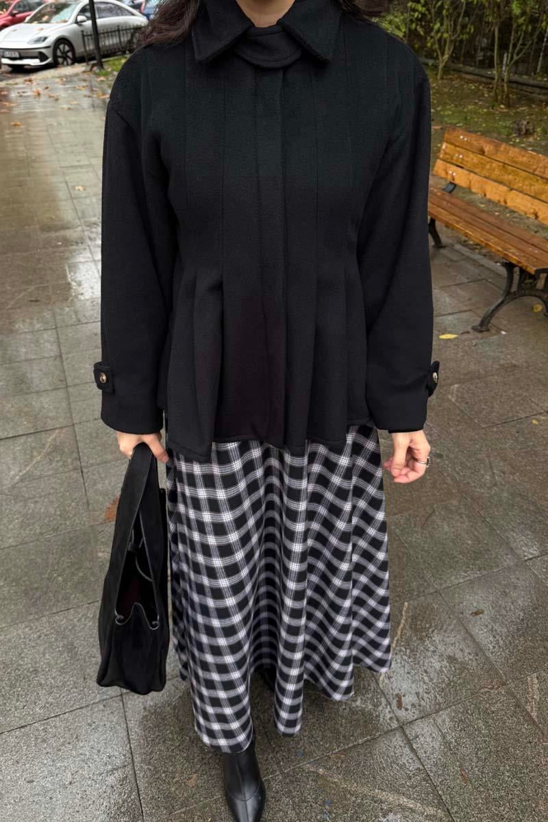 Pileli Kısa Kaban Siyah