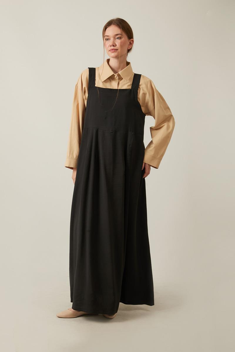 Pleated Modal Pinafore Dress Black - Wholesale
