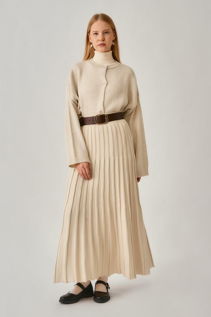 Pileli Triko Etek Ekru