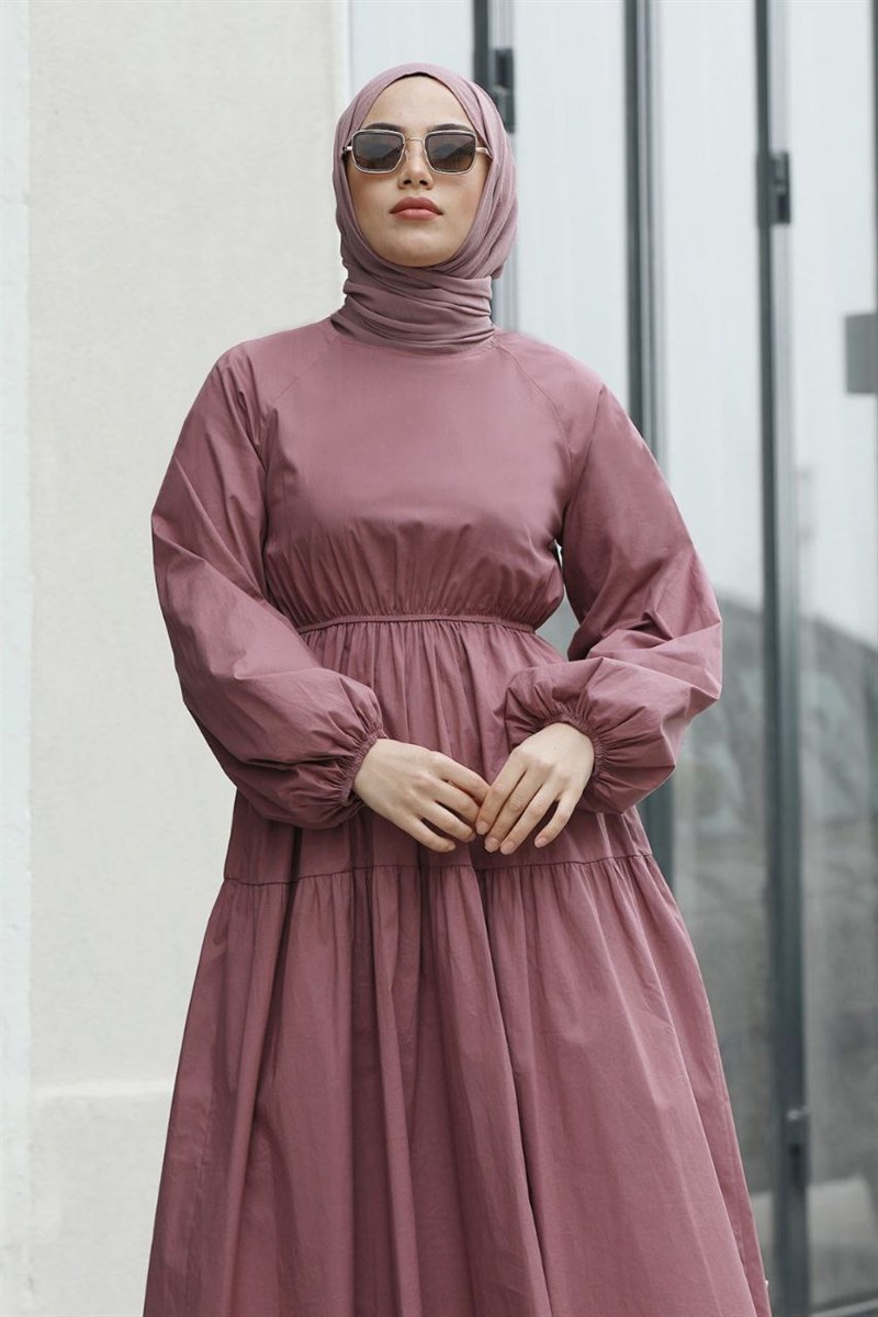 Poplin Lastikli Elbise Gül Kurusu