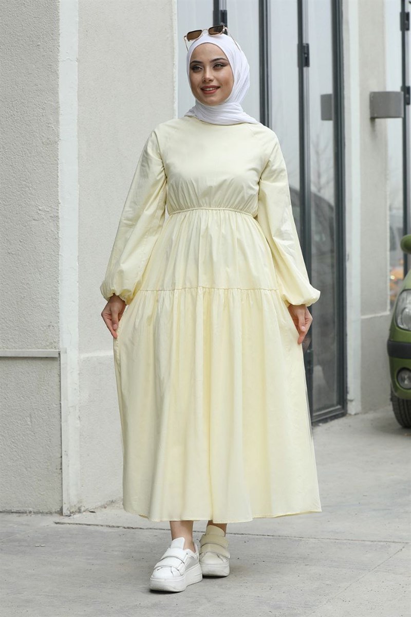 Poplin Lastikli Elbise Limon