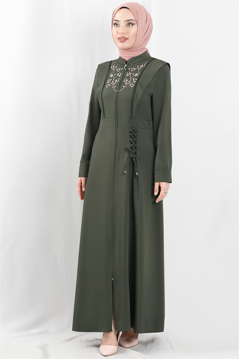 Robası Çiçek Nakışlı Haki Abaya