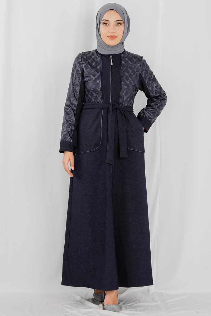 Robası Deri Detaylı Antrasit Ferace