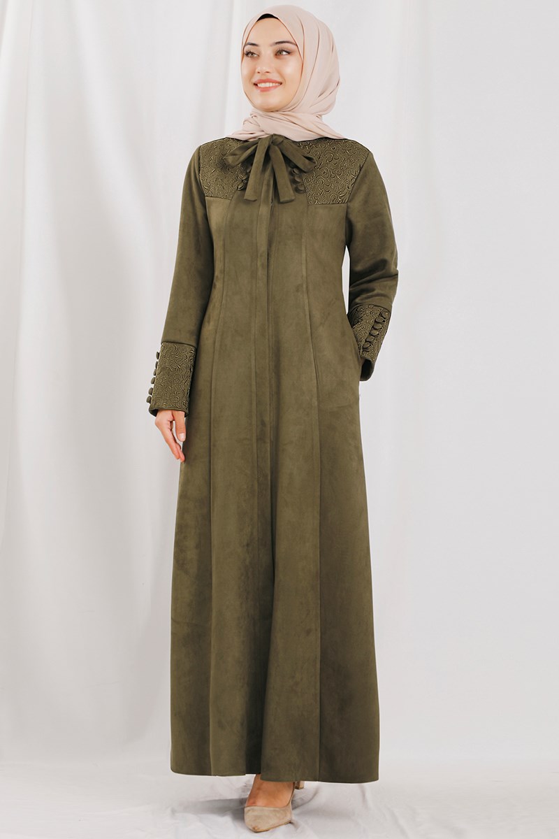 Robası Nakışlı Haki Süet Ferace