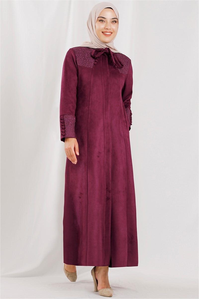 Robası Nakışlı Şarabi Süet Ferace