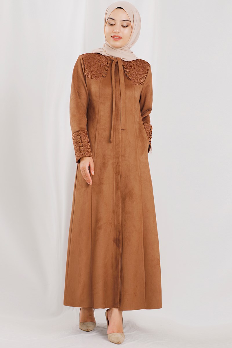 Robası Nakışlı Taba Süet Ferace