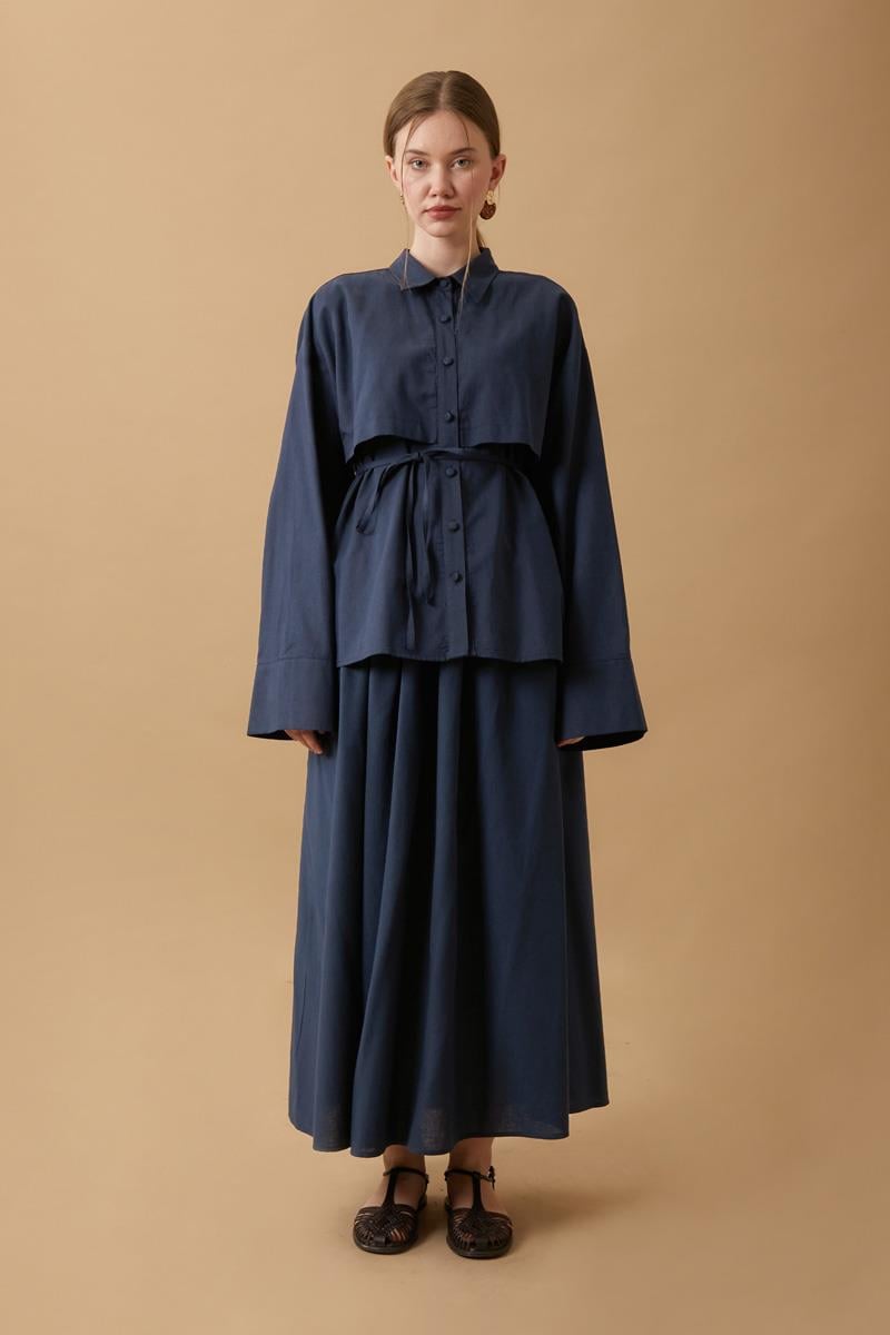 Rüzgarlıklı Keten Etek Takım Lacivert