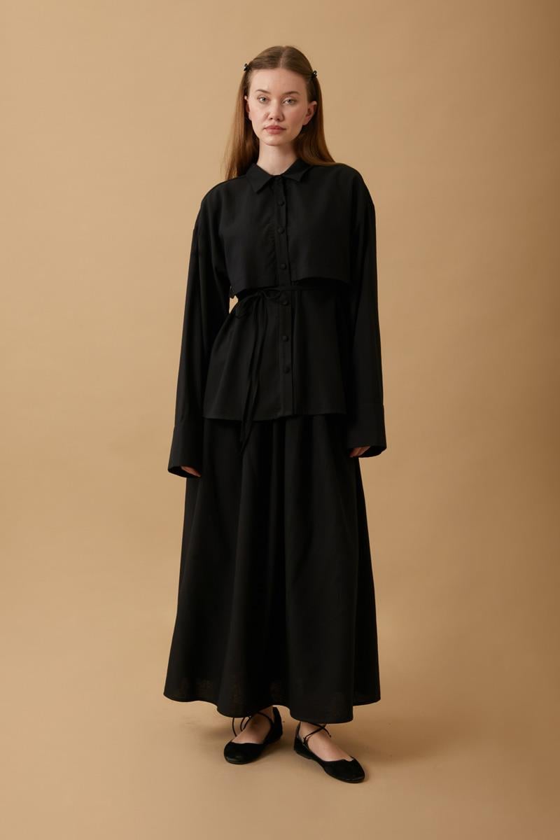 Rüzgarlıklı Keten Etek Takım Siyah