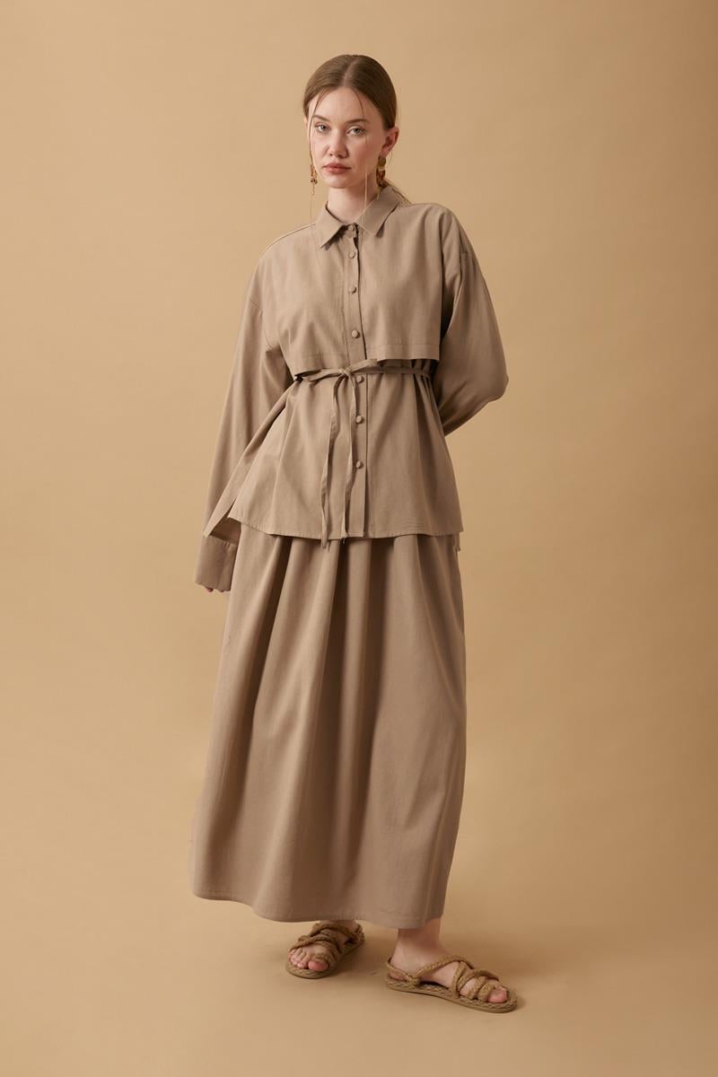 Rüzgarlıklı Keten Etek Takım Vizon