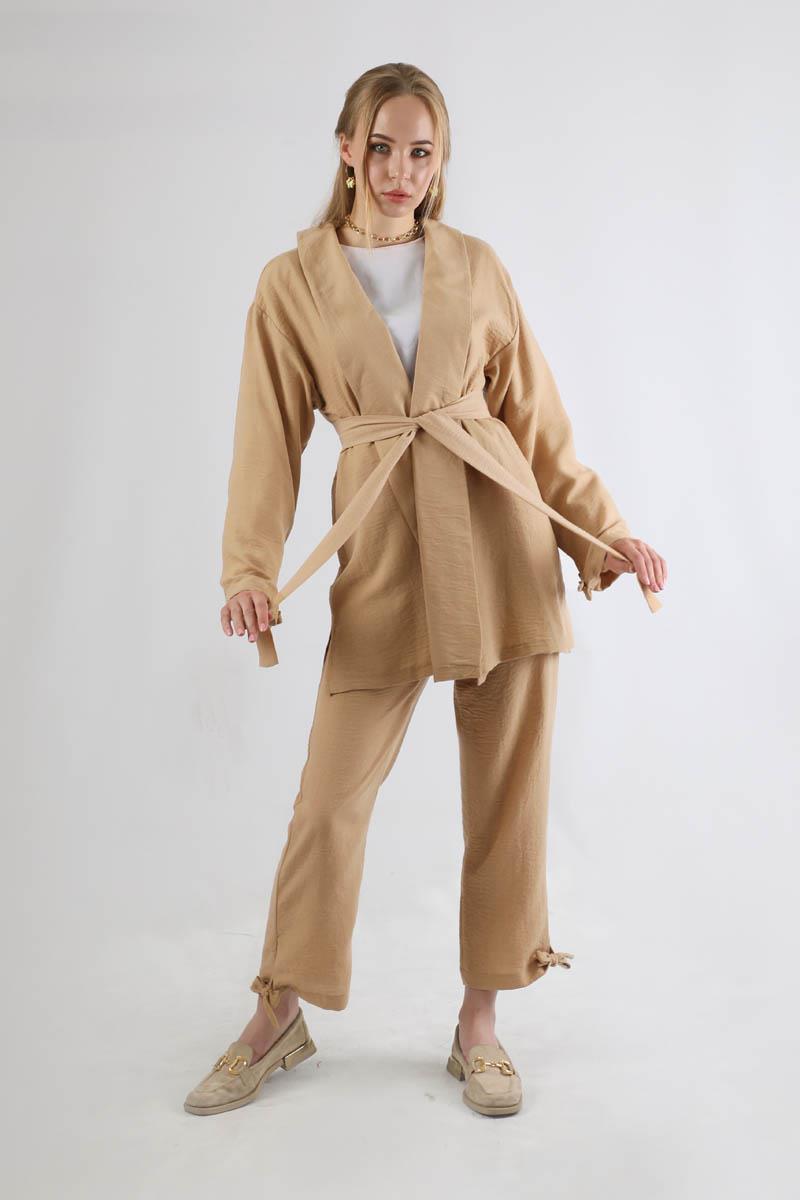 Şal Yaka Kimono Takım Bej