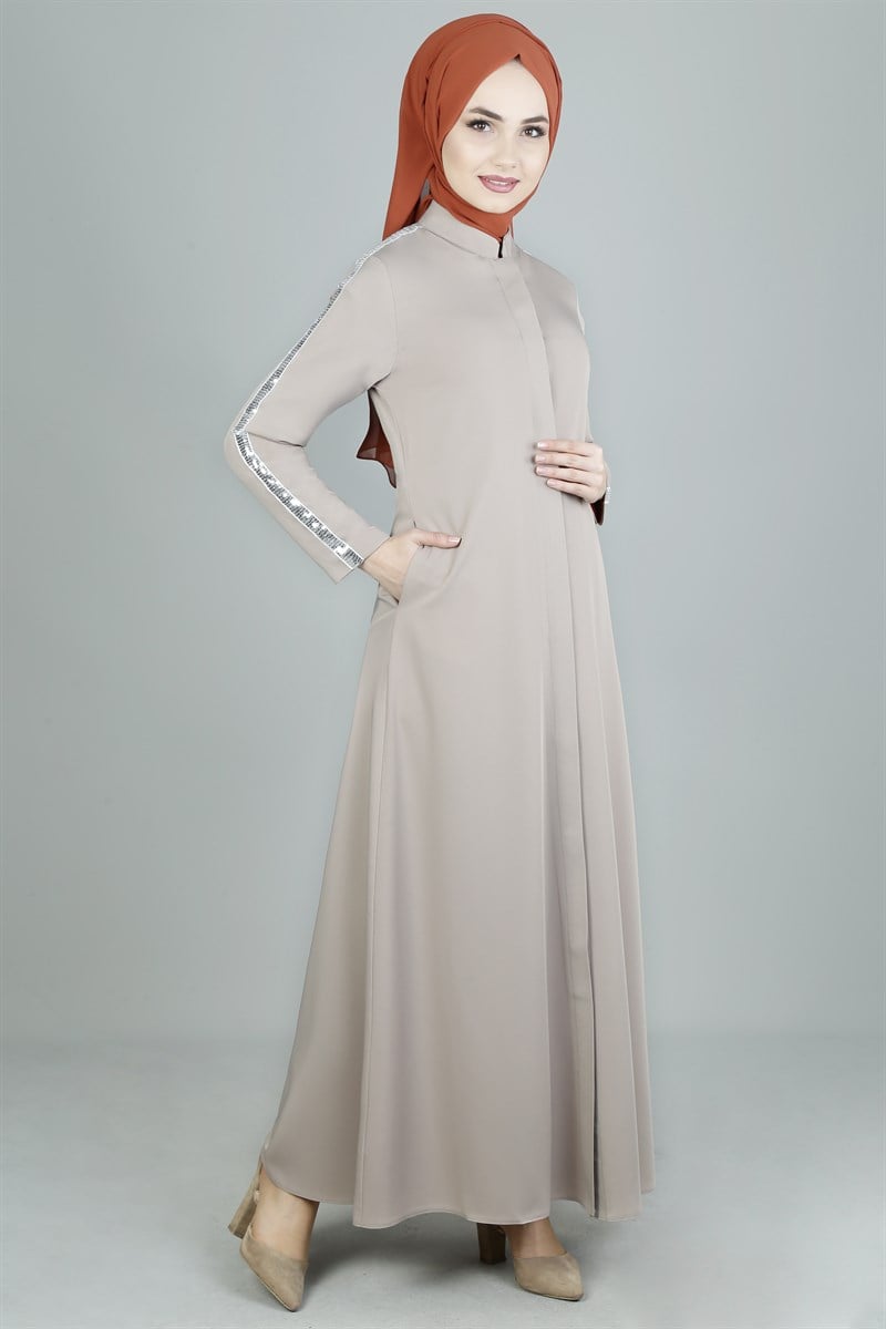 Şerit Pulpayetli Bej Ferace