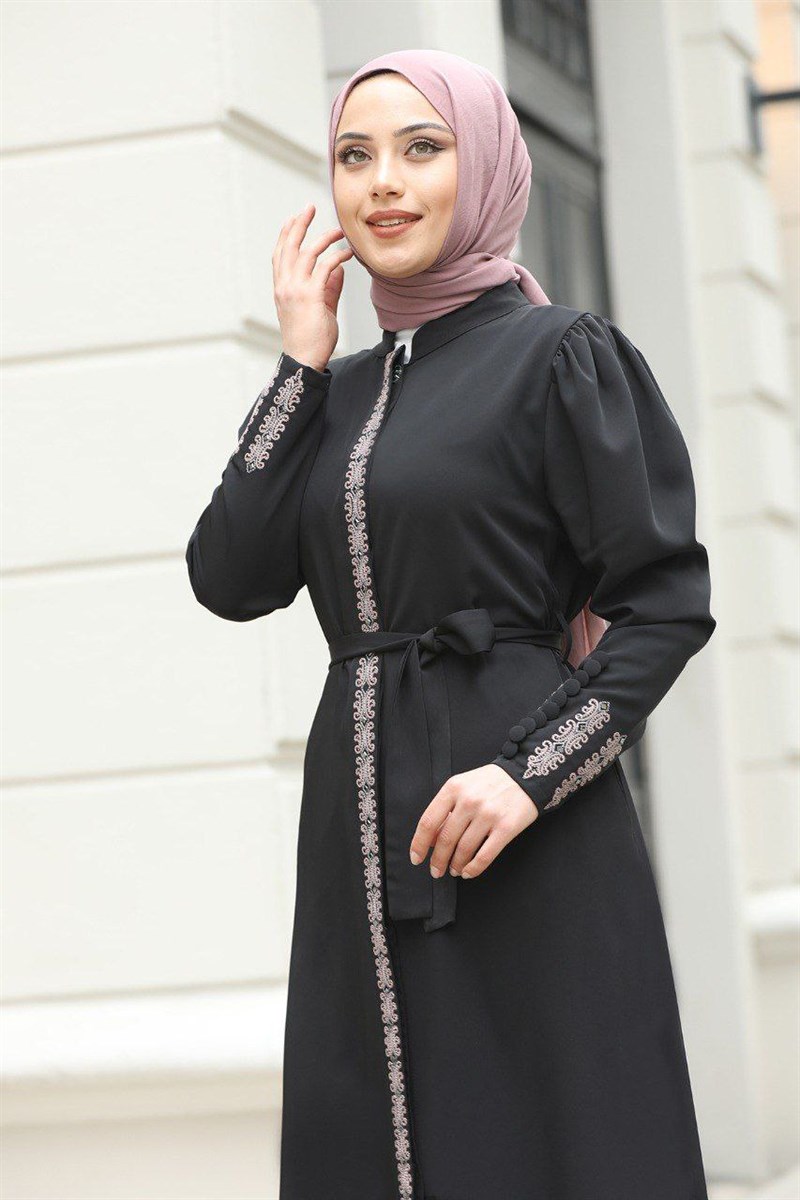 Şerit Taş Detaylı Ferace Siyah
