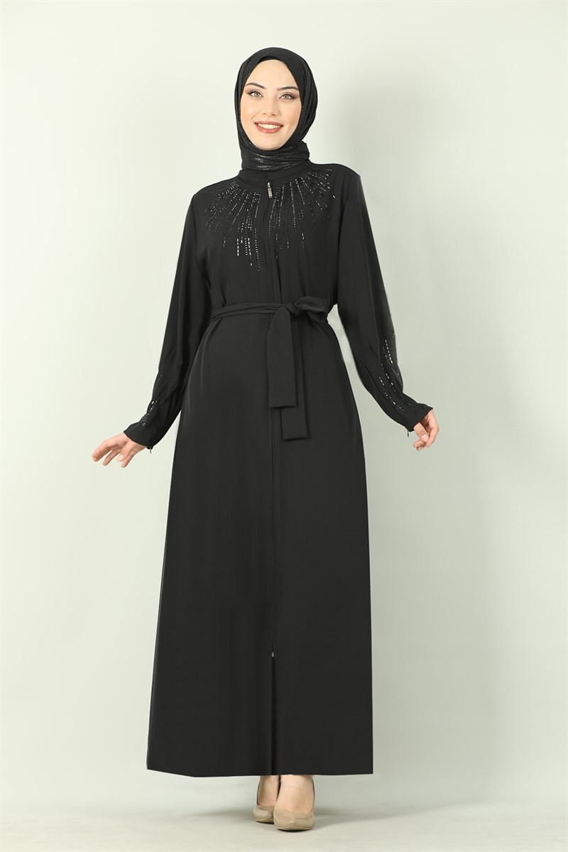 Strip Stone Abaya Black