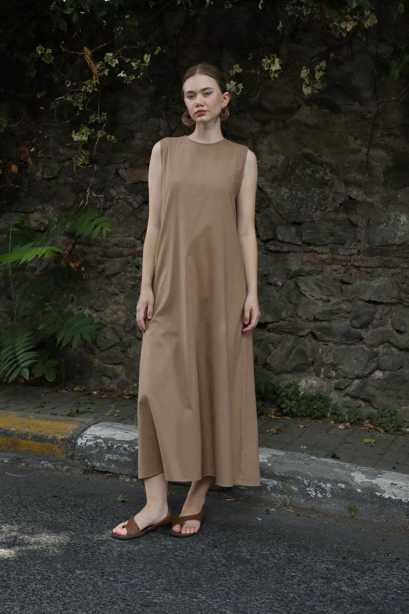 Sıfır Kol Keten Elbise Camel