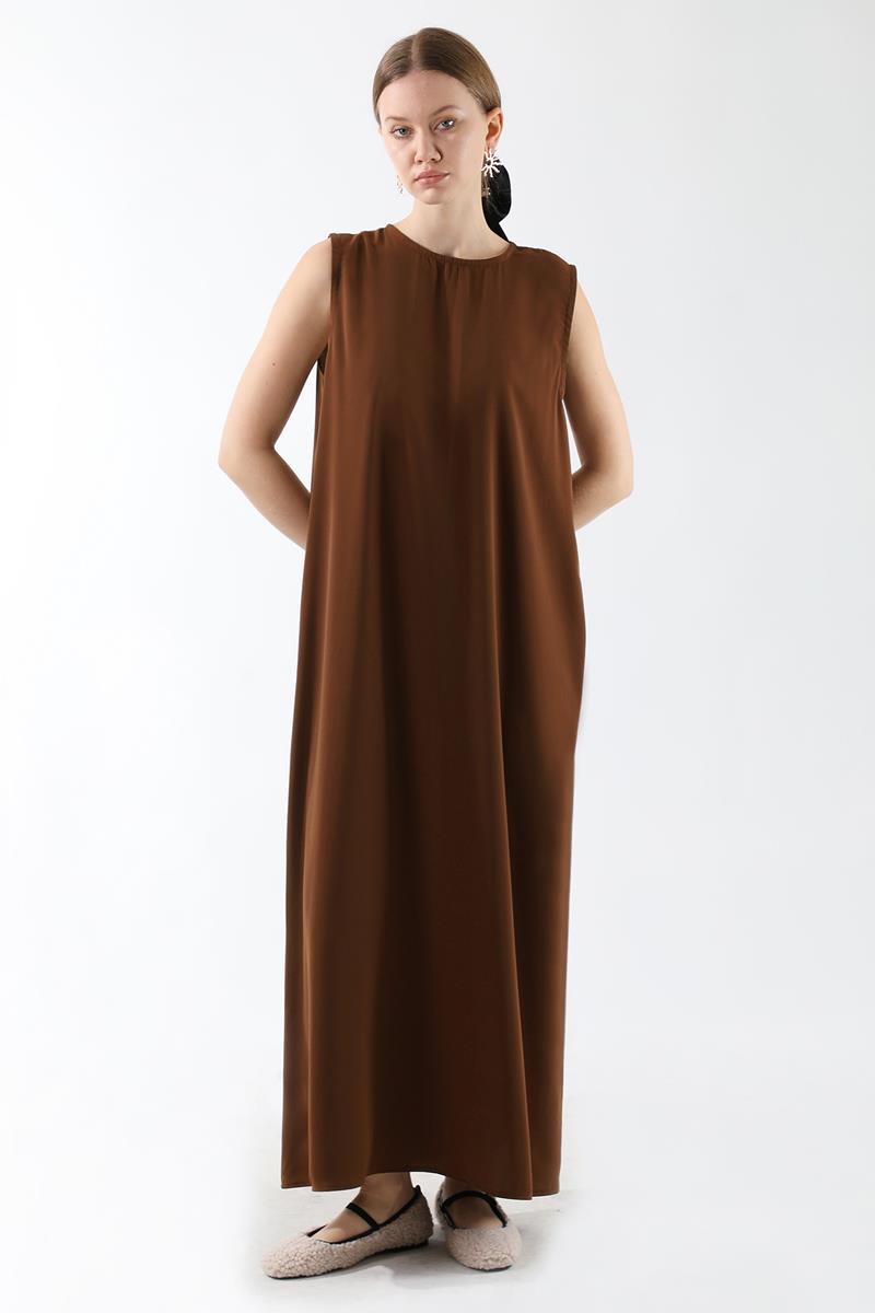Sıfır Kol Uzun İçlik Elbise Acı Kahve