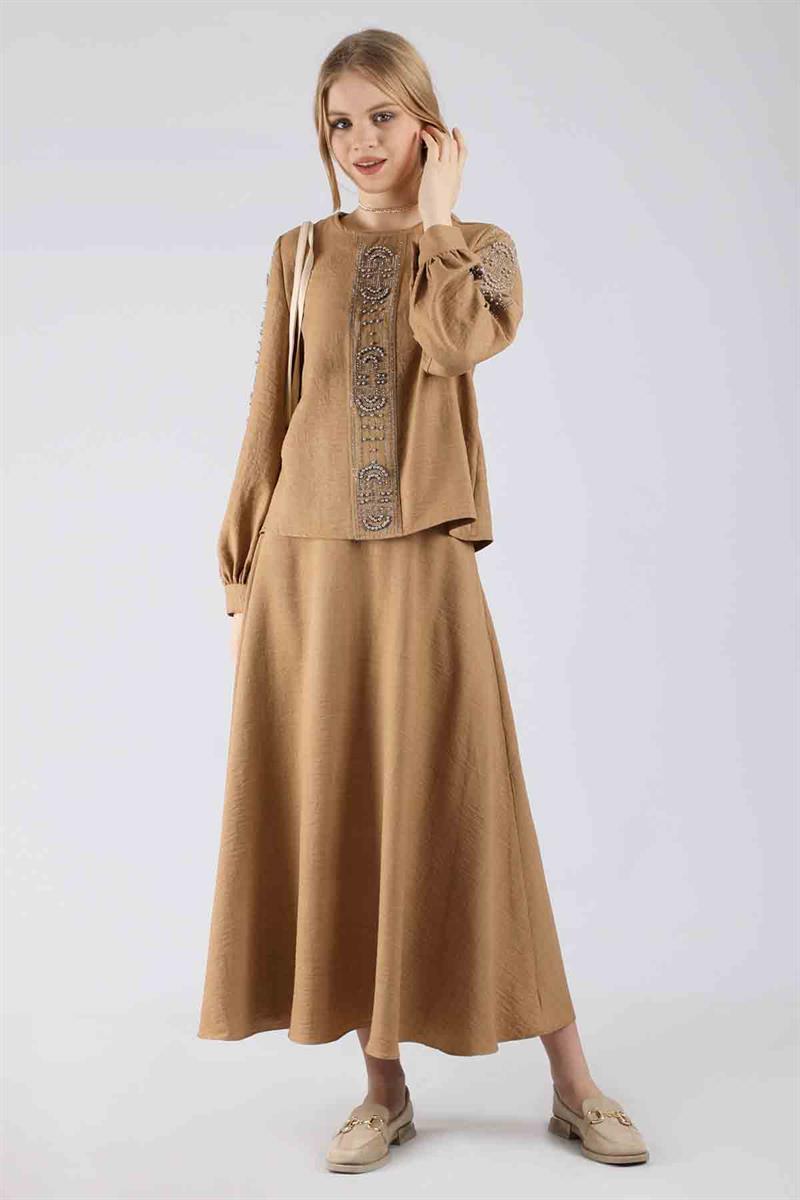 Taş Baskılı Etek Takım Camel