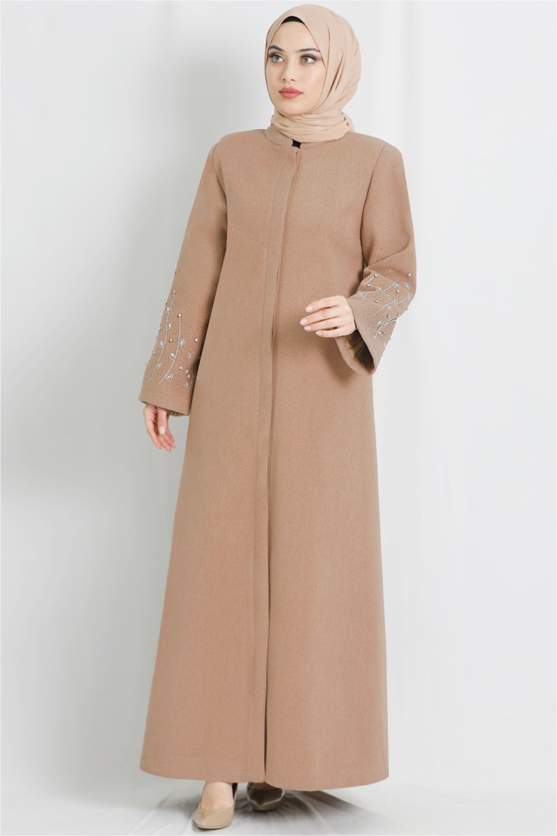 Taş İşlemeli Kaşe Kaban Camel